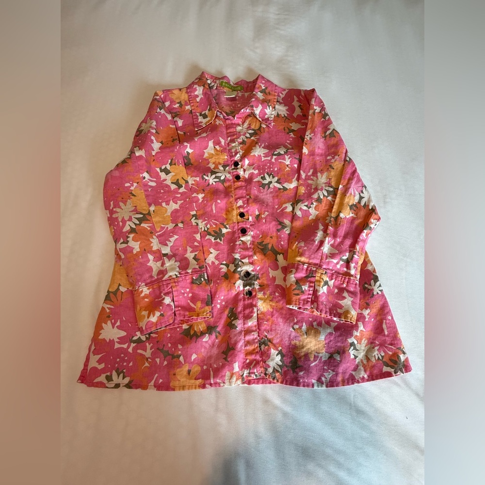 Sigrid Olsen 3/4 Sleeve Top Large Pink Orange Floral Linen Split Neck High Low - Picture 6 of 16